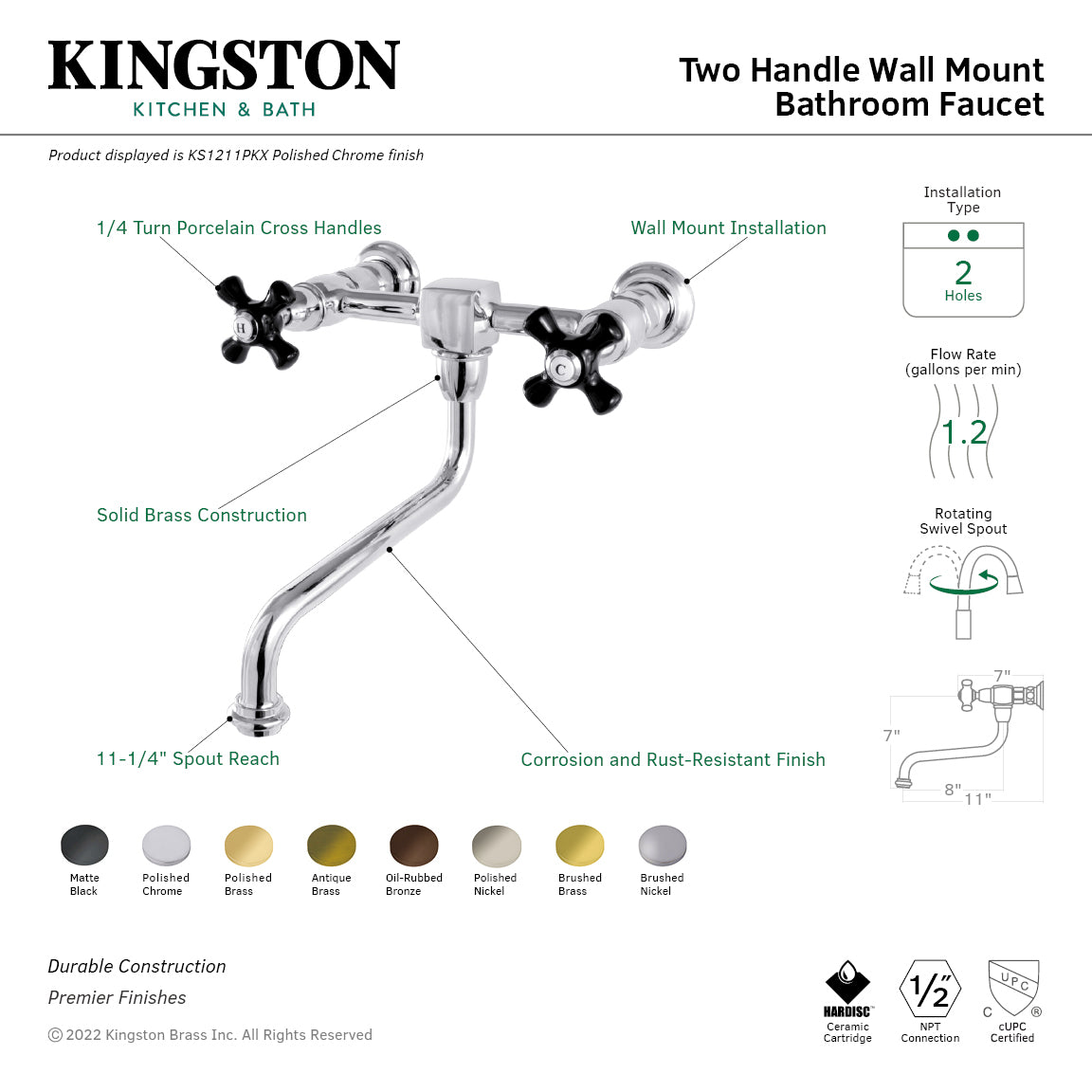 Kingston Heirloom KS1215PKX - Duchess Double-Handle 2-Hole Wall Mount Bathroom Faucet, Oil Rubbed Bronze — thumbnail 3